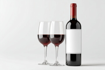 Red wine bottle with a blank mockup label and stylish wine glasses on a white surface