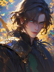 Anime young man black gold armor vibrant autumnal landscape.