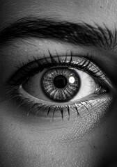 Detailed Black and White Closeup of a Human Eye with Long Eyelashes