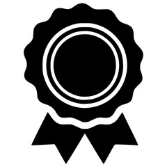 Black and white icon of a award ribbon emblem in flat design