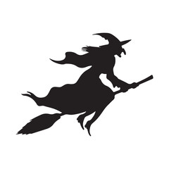 Halloween witch silhouette flying on broomstick vector illustration