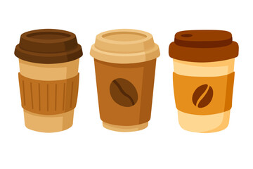Vector clipart set of three takeaway coffee cups with lids, cozy and stylish cafe-themed elements.