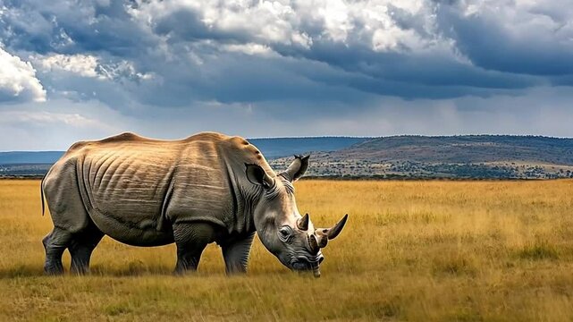 An endangered white rhinoceros with a large horn roams wild in the sunny Kenya savannah