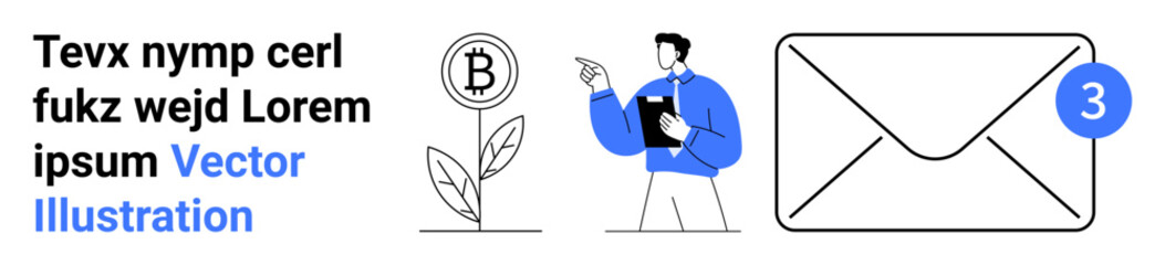 Bitcoin emerging from plant symbolizing economic growth, professional analyzing chart, email with notification badge. Ideal for cryptocurrency, business strategy, fintech, communication, email