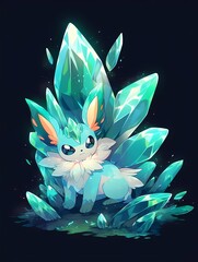 Small blue creature vibrant green accents sitting atop cluster translucent blue crystals eyes wide open mystical ethereal scene