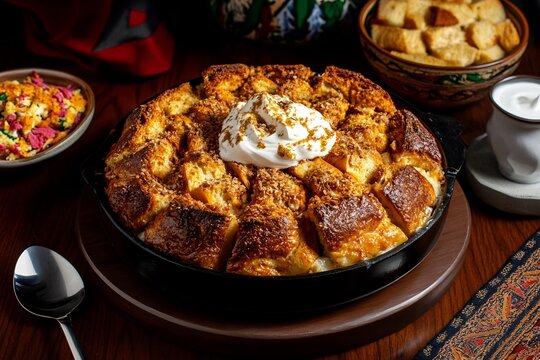 Sweet Aish El Saraya Palestine bread pudding with cream