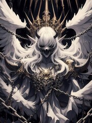 Anime illustration, demon character, white wings, gold crown, armor, starry sky, fantasy art, digital painting.