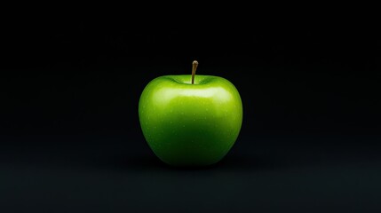 A single green apple with a stem against a dark background