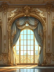 Opulent grand space with ornate gold detailing and large arched window revealing serene landscape.