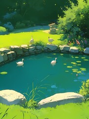 A serene pond, dotted with lily pads and home to three white ducks, is nestled among lush greenery and a stone wall, exuding tranquility and natural beauty.