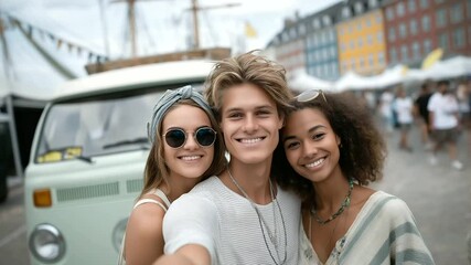 Friends taking a selfie by a mint-colored vintage van at a festival