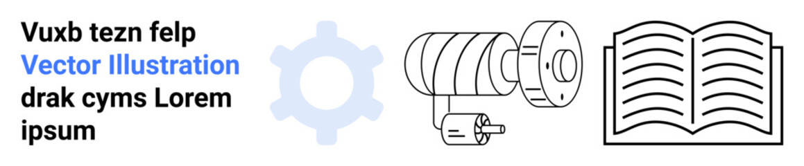 Gear illustration, motor mechanism, and open book emphasizing engineering, machinery, education, innovation, research, technology and mechanics. Ideal for technical manuals tutorials simple