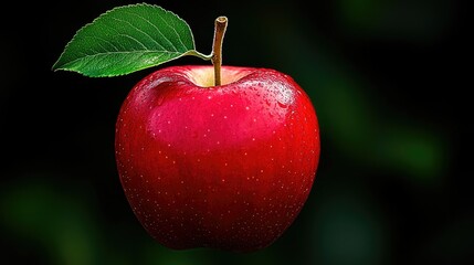 A vibrant red apple with a leaf attached to it perfectly