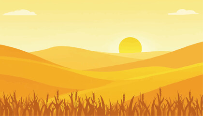 Wheat field sunset landscape illustration