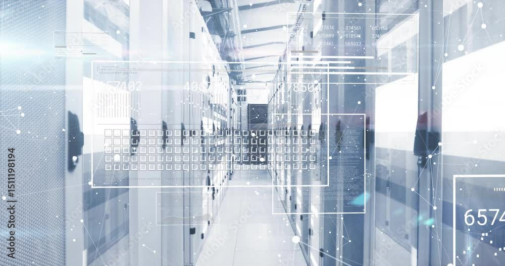 Poster at startup server aisle displaying scanning grid spawning floating data panels updating metrics