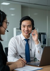Professional Asian Man and Woman Discussing Business in Office Portrait