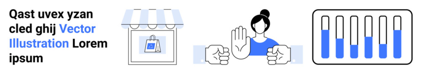 Shopfront, customer making a gesture, data chart with progress bars. Ideal for e-commerce, online shopping, customer service, retail business, analytics, communication simple landing page