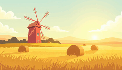 Windmill and Hay Bales in Countryside Landscape