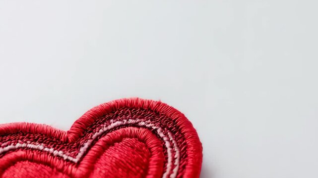 Close-up of a red, embroidered heart-shaped patch with white outline on a clean white background, showcasing texture and detail