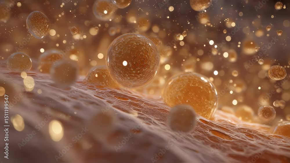 Poster golden particles bouncing on a textured organic surface, creating a visually appealing interaction b