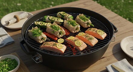 Delicious grilled salmon and vegetables summer bbq food hot meal dill herb lunch party fresh lemon