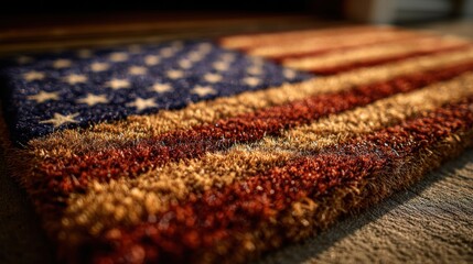 Fototapeta premium Close-up of a textured American flag doormat representing patriotism 4th of july, independence day