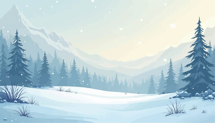 Winter Mountain Landscape with Snowfall and Evergreen Trees