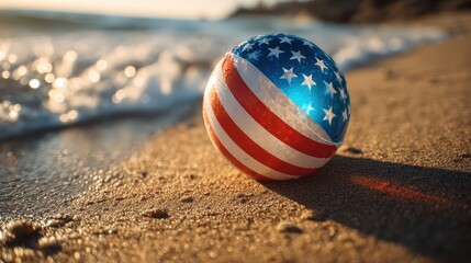 A close-up of an American flag beach ball resting on the sandy shore with ocean waves in the background 4th of july, independence day