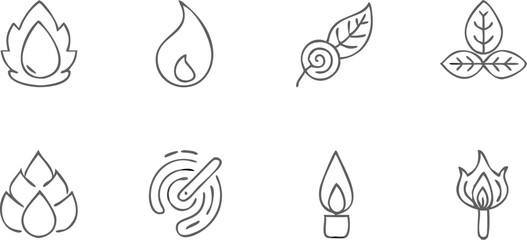 Collection of eight line art icons featuring flames, leaves, and a dial with concentric circles |eps vectors