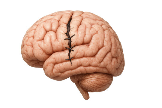 Damaged human brain model with medical stitches, representing psychological trauma healing process against neutral backdrop