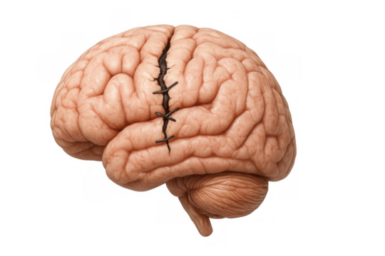 Damaged human brain model with medical stitches, representing psychological trauma healing process against neutral backdrop