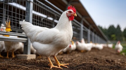White hen in farm enclosure