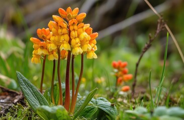 Cluster of vibrant yellow-orange flowers with reddish stems, nestled in a bed of greenery