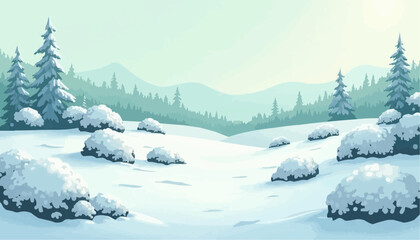 Winter Landscape with Snow Covered Trees and Hills