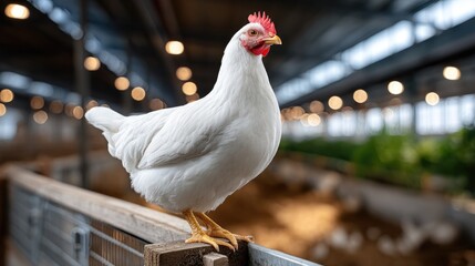 White hen on farm fence