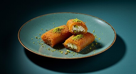 Delicious turkish dessert kataifi with creamy cheese and pistachios food menu sweet tasty plate treat