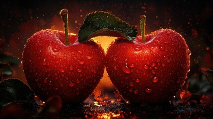 Two perfectly ripe red apples are touching each other with droplets