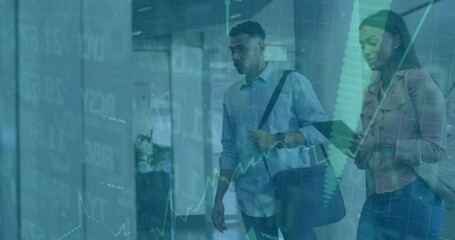 Woman swiping tablet bringing pulsing finance overlay while male colleague observing for analysis - Powered by Adobe