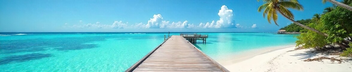 Obraz premium A picturesque dock extends into a tranquil bay, offering stunning views of a sandy beach and clear blue water Perfect for summer vacation, relaxation, and coastal living imagery , horizon, landscape