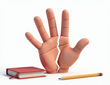 Broken Hand, Notebook, Pencil - 3D Render of Separation, Divorce, or Disconnection