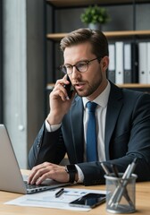 Professional Businessman Talking on Phone While Working in an Office