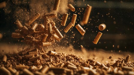 Wood Pellets Falling with Dust in Mid-air Slow Motion