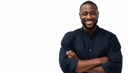Confident Black Engineer in Navy Shirt Smiling at Camera