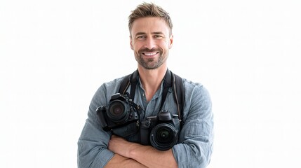 Portrait of male photographer with camera gear on white background