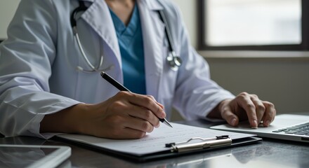 Professional Doctor Writing Medical Note on Clipboard at Desk Indoors