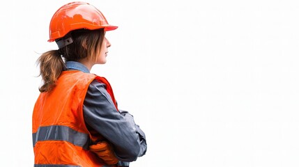 Female Engineer in Orange Protective Vest and Hard Hat at Worksite