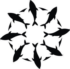 Black silhouettes of fish arranged in a circle on a white background creating a unique pattern