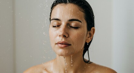 Woman showering with eyes closed in bathroom against blurry background for hygiene use