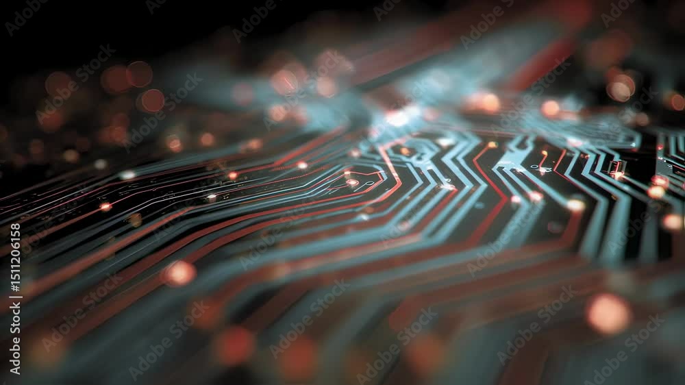 Poster light trails illuminate an electronic circuit board, creating a mesmerizing technological abstract w
