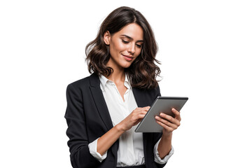 Plakat Businesswoman using a digital tablet. Isolated on transparent background, ideal for business, technology, and professional workplace concepts